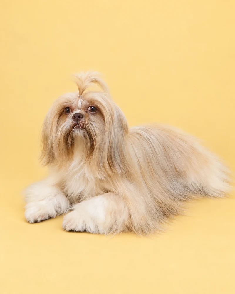 Cão de pelo longo claro com topete